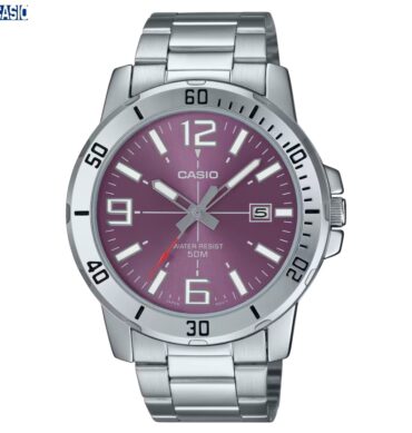 Casio montre homme Argente cadran mauve Avec dateur étanche 50 m acier inoxydable–mtp-vd01d-6bvudf