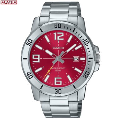 Casio montre homme Argente cadran rouge Avec dateur étanche 50 m acier inoxydable –mtp-vd01d-4bvudf
