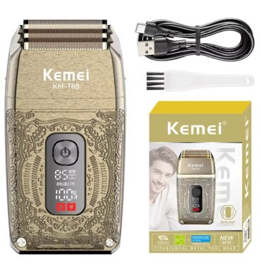 Kemei Rasoir professionnel haute puissance triple lame hommes en métal, écran LCD duplex, chargement USB intelligent KM-T88