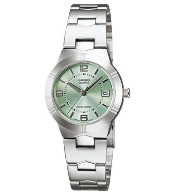 Casio Montre femme élégante classique, cadran vert avec dateur, petit diamètre -ltp-1241d-3a