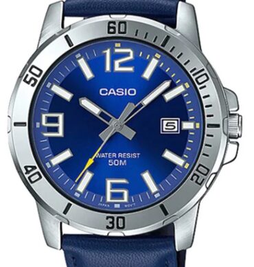 Casio Montre homme Bracelet en cuir Cadran bleu Aiguilless lumineuses Etanche-mtp-vd01l-2bvudf
