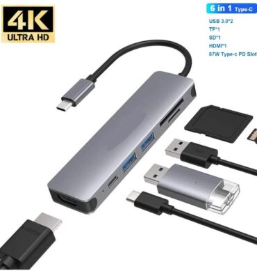 AirSky Adaptateur Type USB C Station d’accueil 6 in 1 avec HDMI, 2USB 3.0 USB-C 2.0, SD/TF, 4K/30 Hz, PD