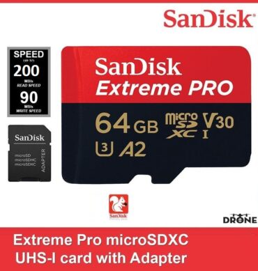 Sandisk Carte memoire microSDXC Extreme PRO 64GB Vitesse 200MB/s Mo/s+Adaptateur SD Avec Performances Dronee Applicatives A2 jusqu'à200 Mb/s Classe10,U3,V30