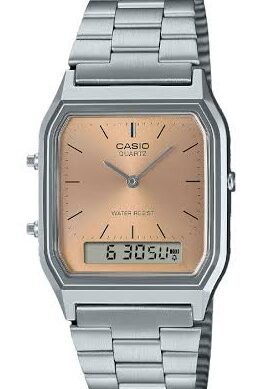 Casio Montre pour homme femme Cadran Beige clair Affichage numérique analogique classique Bracelet en métal Étanche-aq-230a-4amqydf