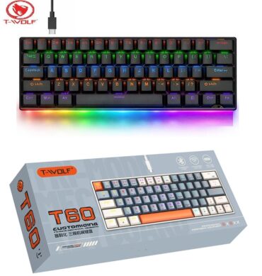 T-Wolf Clavier Filaire Type-C Mecanique Compact T60 Noir RGB 61 Touches Hot-Swap, Rétroéclairage LED Multicolore Gaming