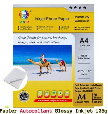 Papier Autocollant Photo Brillant MR.R A4 135 g/m² (210 x 297 mm) pour Imprimante Jet d’Encre –50 Feuilles